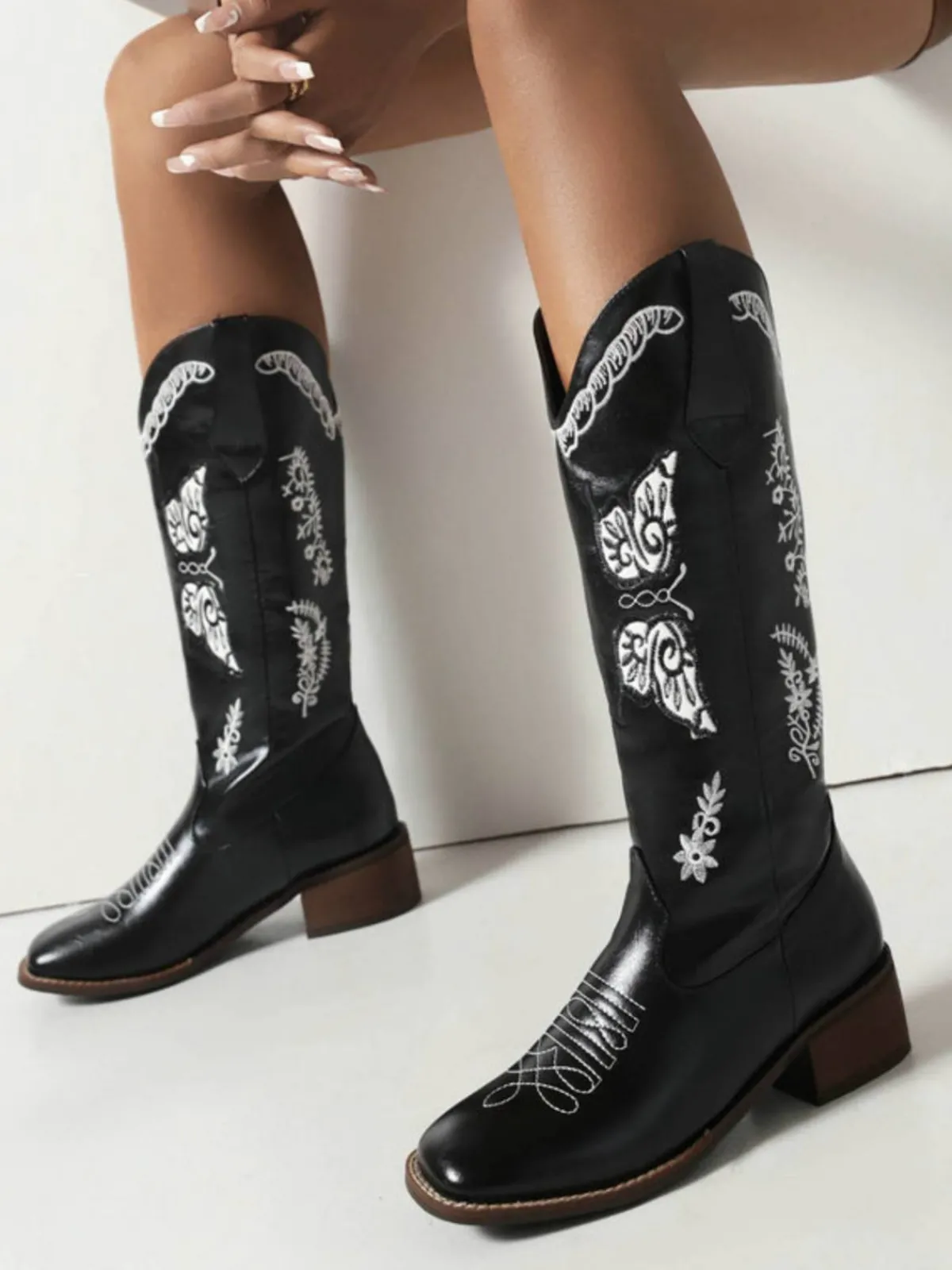 Clearance Retro Stage Retro Solid Leather Long Heel Boots