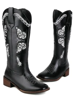 Clearance Retro Stage Retro Solid Leather Long Heel Boots