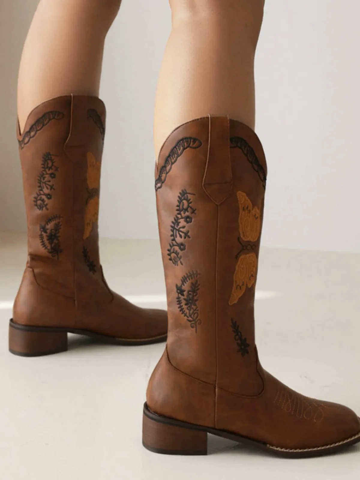 Clearance Retro Stage Retro Solid Leather Long Heel Boots