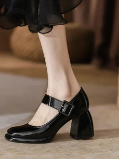 Hot Retro Stage Retro Square-Toe High Heel Leather Shoes