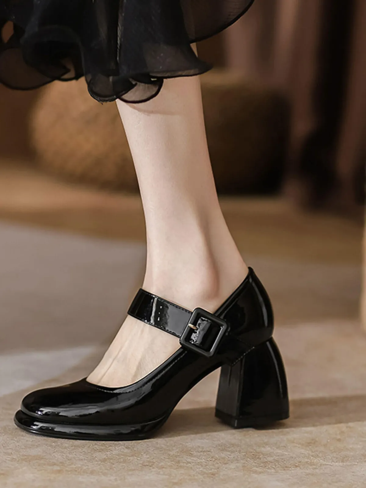 Hot Retro Stage Retro Square-Toe High Heel Leather Shoes