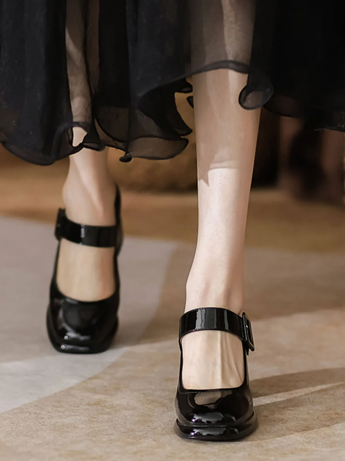 Hot Retro Stage Retro Square-Toe High Heel Leather Shoes