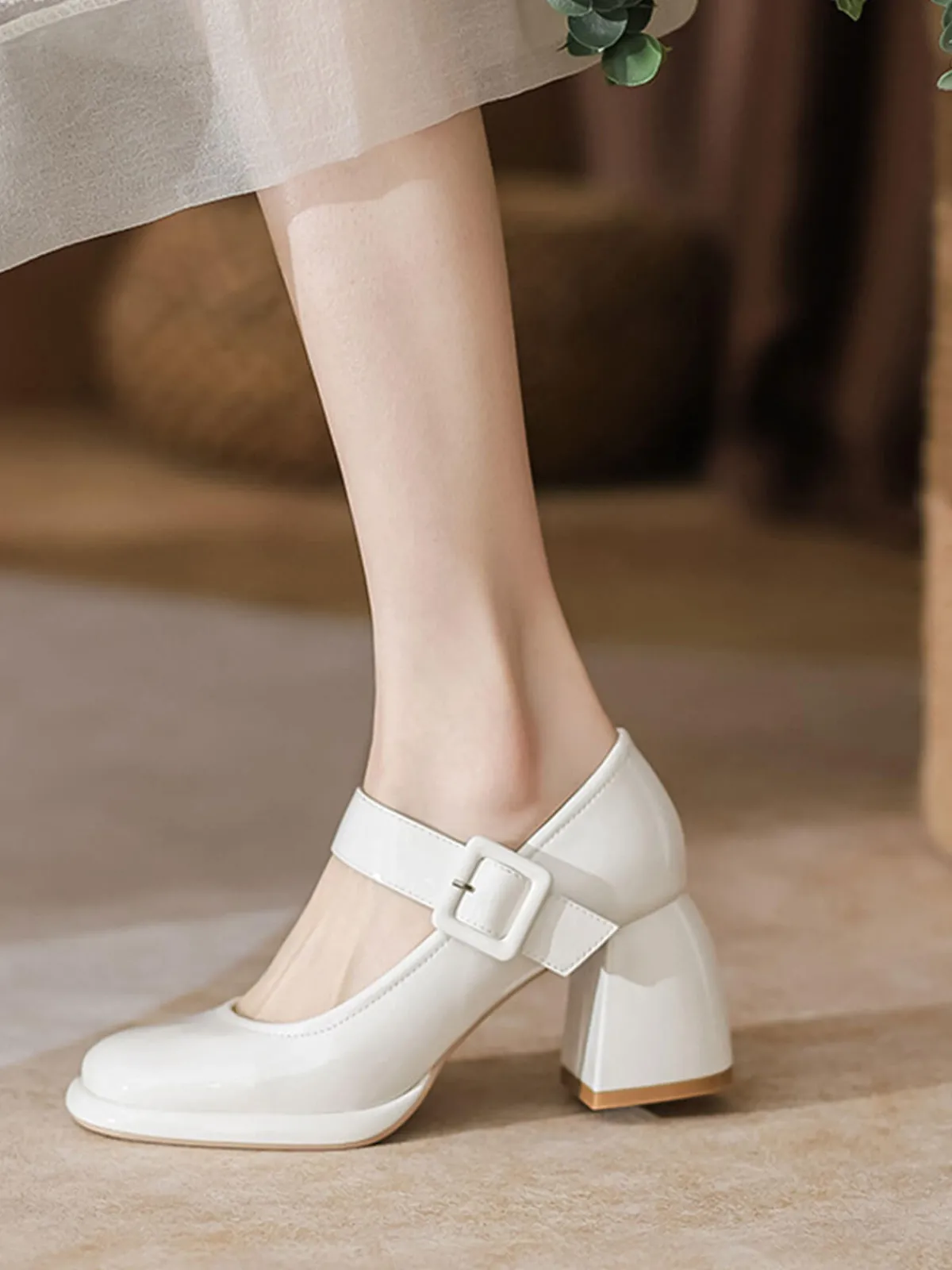 Hot Retro Stage Retro Square-Toe High Heel Leather Shoes
