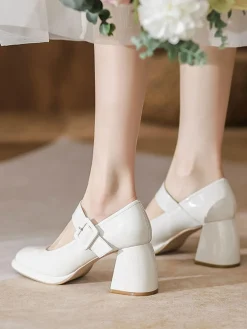 Hot Retro Stage Retro Square-Toe High Heel Leather Shoes