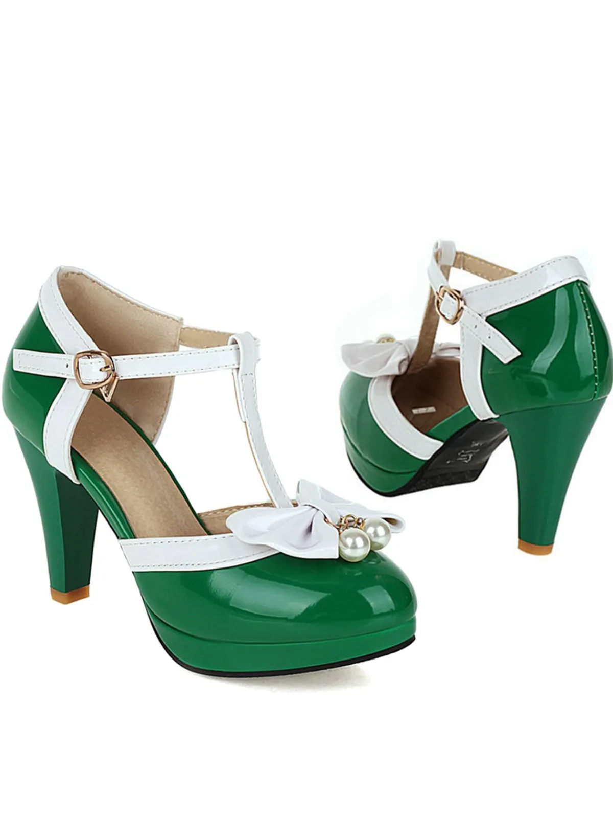 Best Retro Stage Retro T-Strap Bow High Heel Shoes