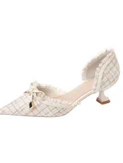 Hot Retro Stage Retro Tweed Bow Kitten Pointed Heels