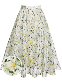 Online Retro Stage Retro Floral Button Swing Cover-up White