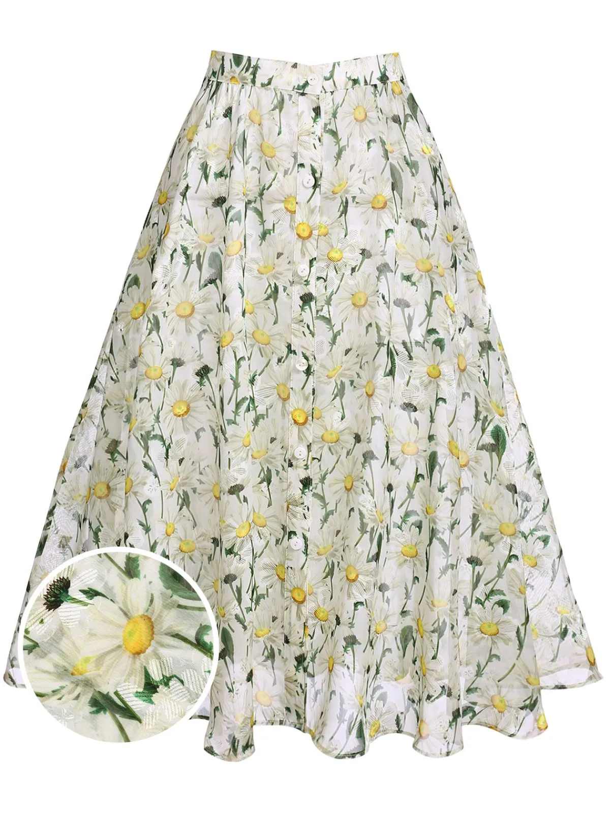 Online Retro Stage Retro Floral Button Swing Cover-up White