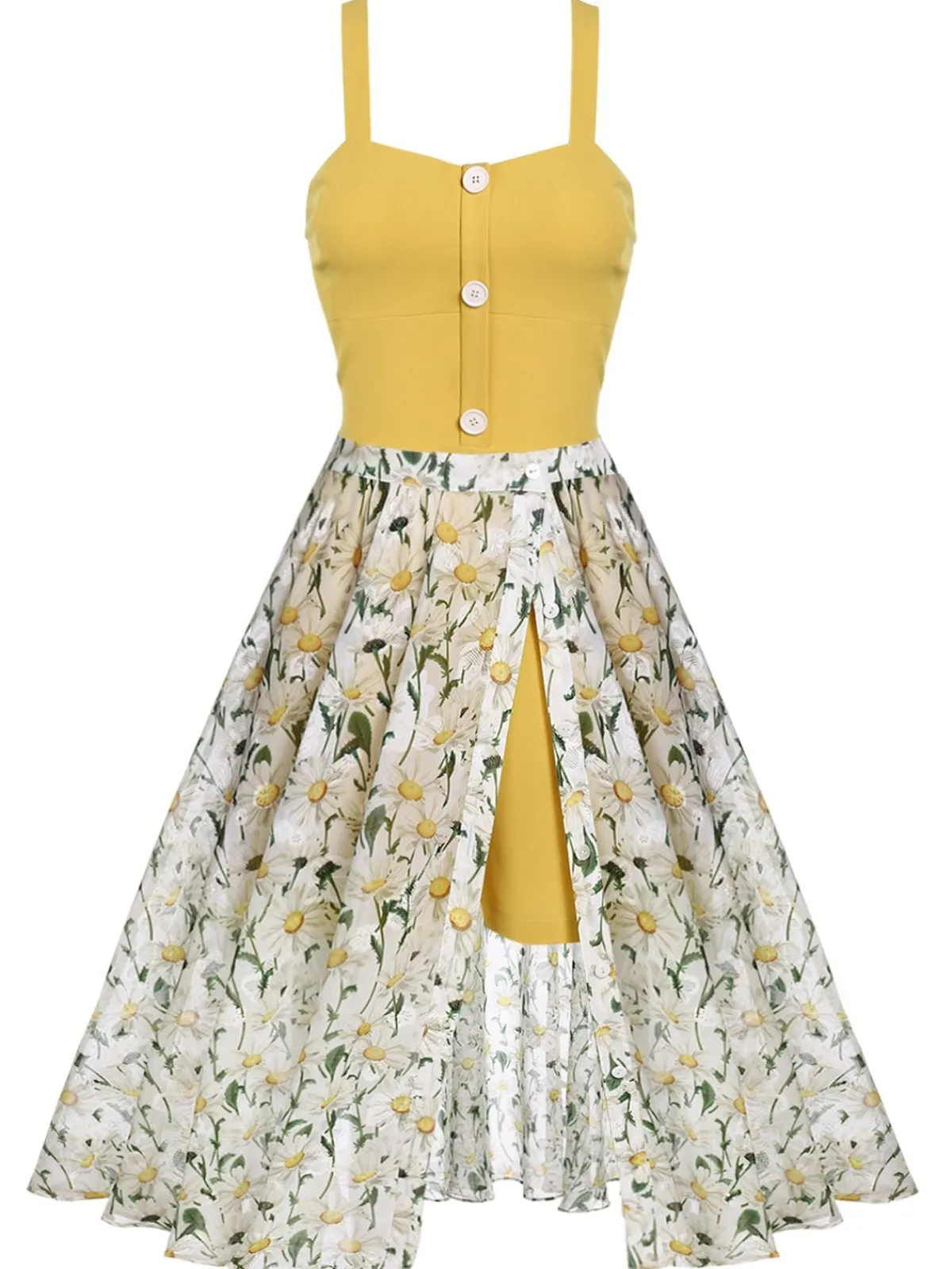 Online Retro Stage Retro Floral Button Swing Cover-up White
