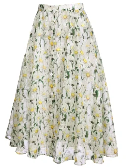 Online Retro Stage Retro Floral Button Swing Cover-up White