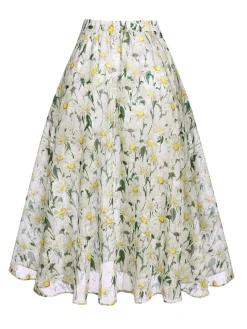 Online Retro Stage Retro Floral Button Swing Cover-up White