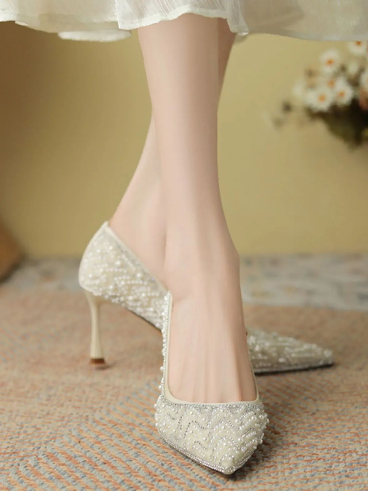Clearance Retro Stage Rhinestone Pearl Pointed Toe Stilettos Shoes Beige