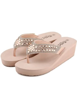 Outlet Retro Stage Rhinestone Wedge Flip Flop Slippers Pale Pink