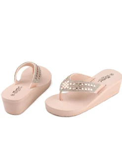Outlet Retro Stage Rhinestone Wedge Flip Flop Slippers Pale Pink