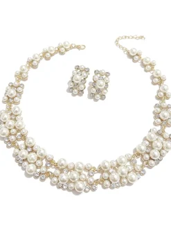 Fashion Retro Stage Rhinestoned Imitation Pearl Necklace & Earrings Set
