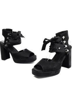 New Retro Stage Ribbon Bow Lace-Up Chunky Heel Sandals