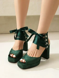 New Retro Stage Ribbon Bow Lace-Up Chunky Heel Sandals