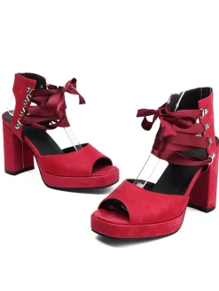 New Retro Stage Ribbon Bow Lace-Up Chunky Heel Sandals