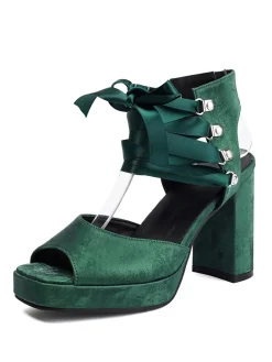 New Retro Stage Ribbon Bow Lace-Up Chunky Heel Sandals