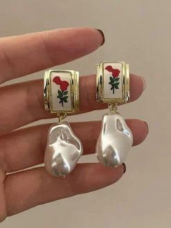 Clearance Retro Stage Rose Baroque Pearl Pendant Earrings