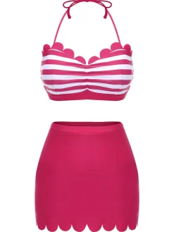 New Retro Stage 1960s Stripes Halter Bikini Set Rose Pink