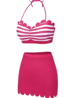 New Retro Stage 1960s Stripes Halter Bikini Set Rose Pink