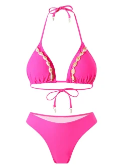 Best Retro Stage 1940s Boho Seashell Halter Bikini Set Rose Red