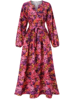 Hot Retro Stage 1930s Boho Style Belted Floral Dress Rose Red
