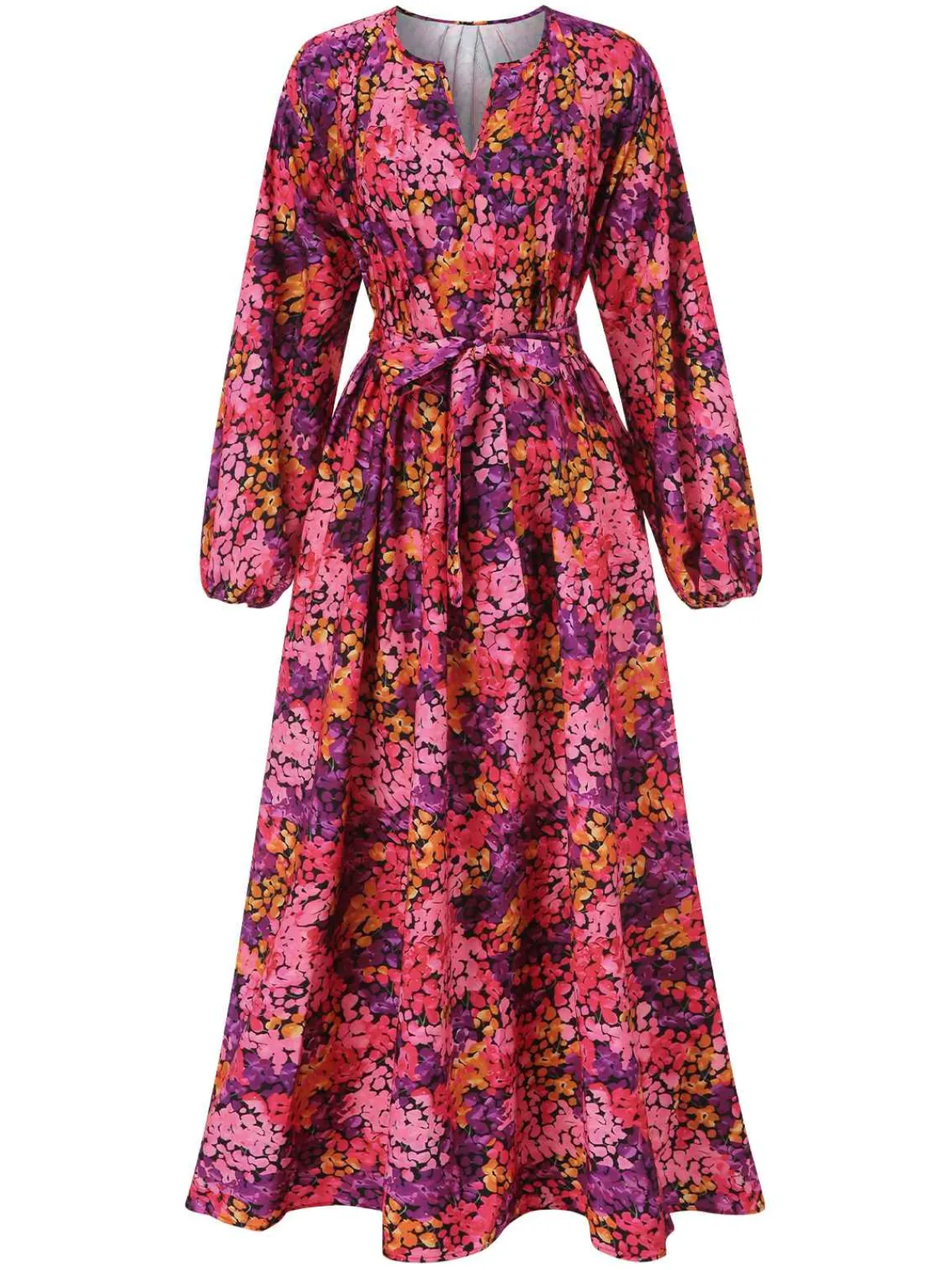 Hot Retro Stage 1930s Boho Style Belted Floral Dress Rose Red