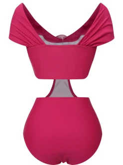 Discount Retro Stage 1930s 3D Rose Off Shoulder Swimsuit Rose Red