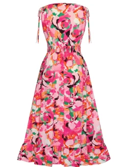 New Retro Stage 1940s Floral V-Neck Elastic Waist Dress Rose Red