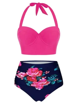 Clearance Retro Stage 1950s Halter Flowers Bikini Set Rose Red