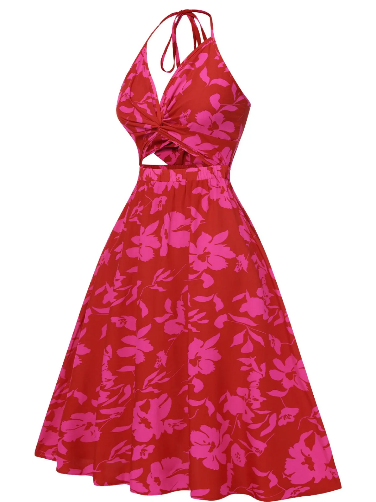 New Retro Stage 1930s Halter Hollow Floral Dress Rose Red