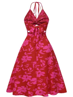 New Retro Stage 1930s Halter Hollow Floral Dress Rose Red