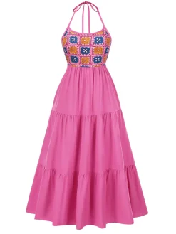 Online Retro Stage 1970s Halter Plaids Floral Dress Rose Red