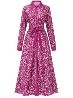 Best Retro Stage 1930s Lapel Polka Dots Maxi Dress Rose Red