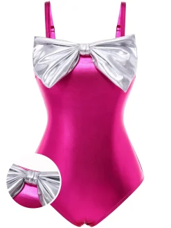Clearance Retro Stage 1970s Metallic 3D Bow Swimsuit Rose Red