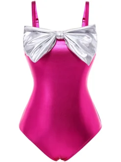 Clearance Retro Stage 1970s Metallic 3D Bow Swimsuit Rose Red