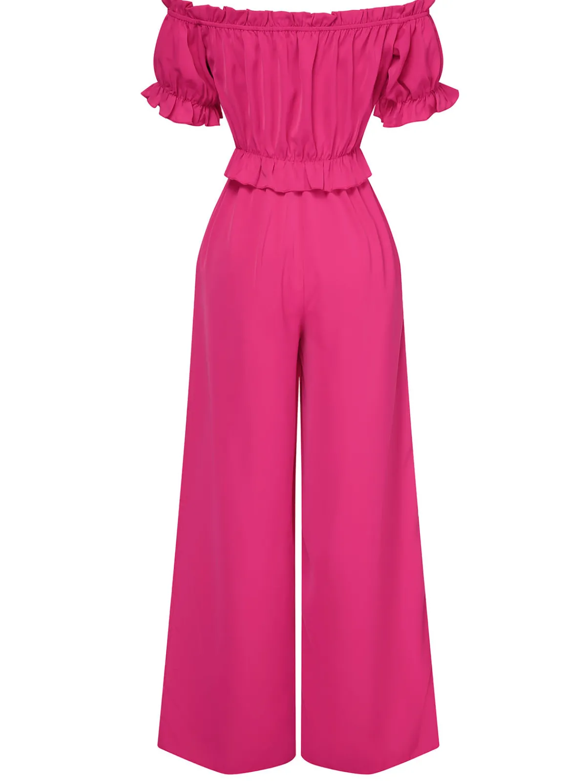 Online Retro Stage 1950s Off-Shoulder Ruffles Solid Jumpsuit Rose Red