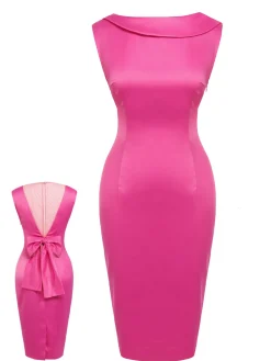 Hot Retro Stage 1960s Satin Solid Pencil Dress Rose Red
