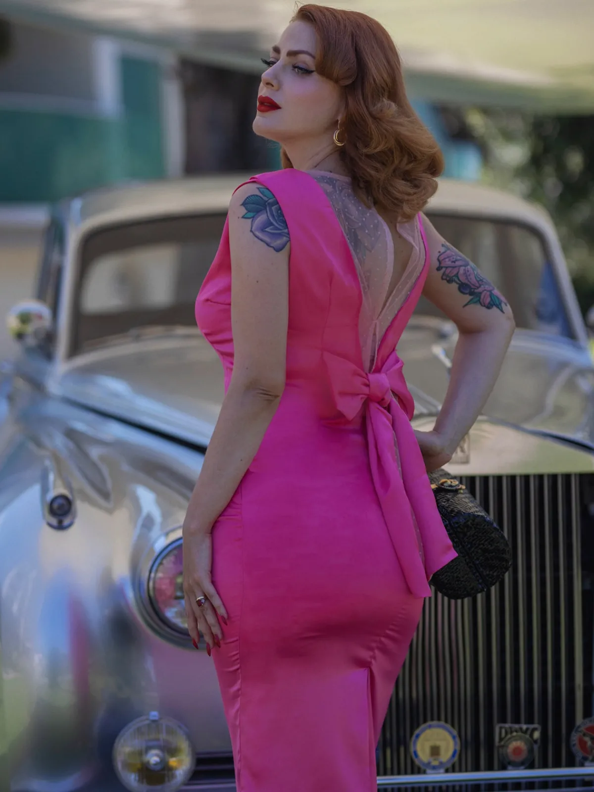 Hot Retro Stage 1960s Satin Solid Pencil Dress Rose Red