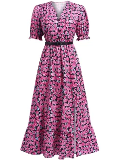 Hot Retro Stage 1940s Slit Roses V-Neck Dress Rose Red