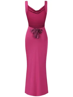 Online Retro Stage 1930s Strap Backless Bow Dress Rose Red