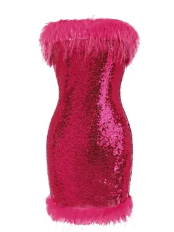 Best Retro Stage 1970s Strapless Sequined Dress Rose Red