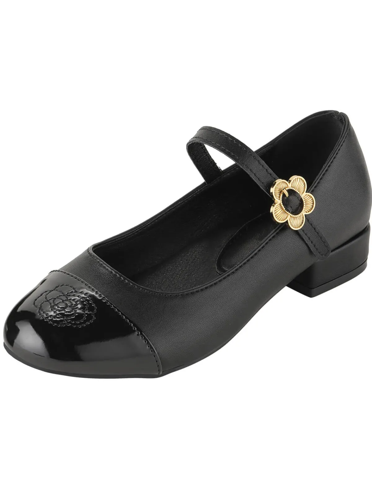 Online Retro Stage Round Toe Flower Buckled Shoes Black