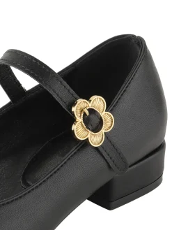 Online Retro Stage Round Toe Flower Buckled Shoes Black