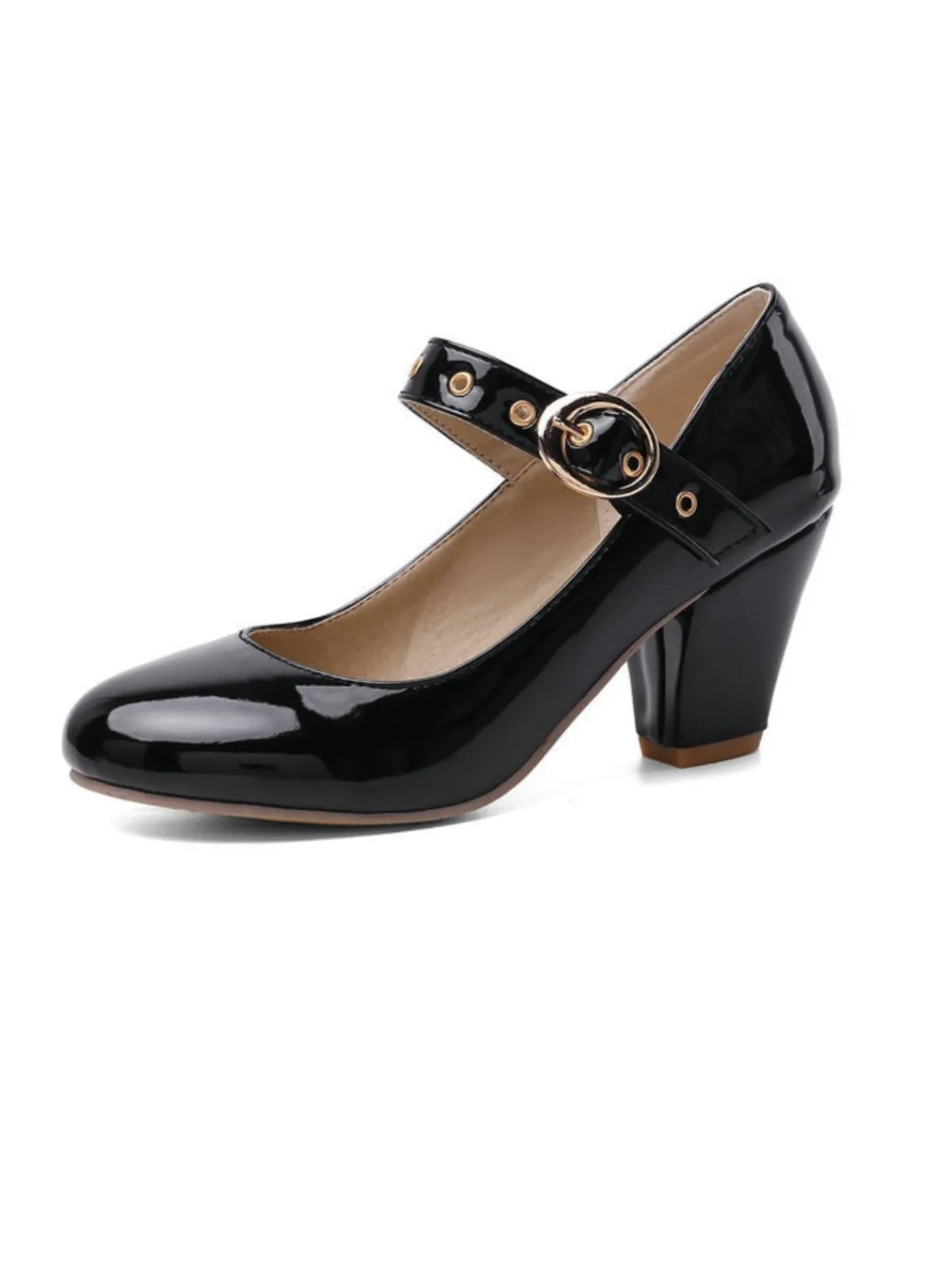 Discount Retro Stage Round Toe Patent Leather Buckle High Heels