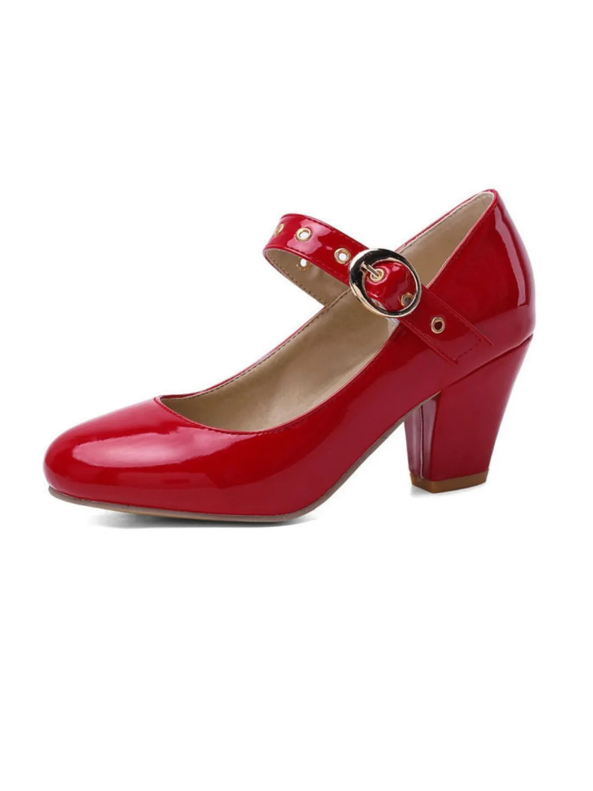 Discount Retro Stage Round Toe Patent Leather Buckle High Heels