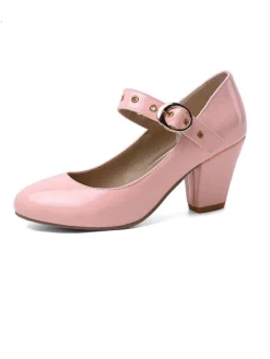 Discount Retro Stage Round Toe Patent Leather Buckle High Heels