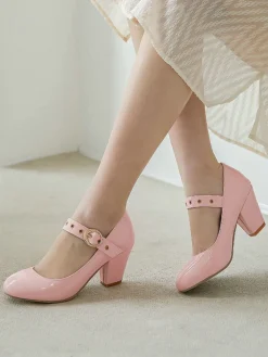 Discount Retro Stage Round Toe Patent Leather Buckle High Heels